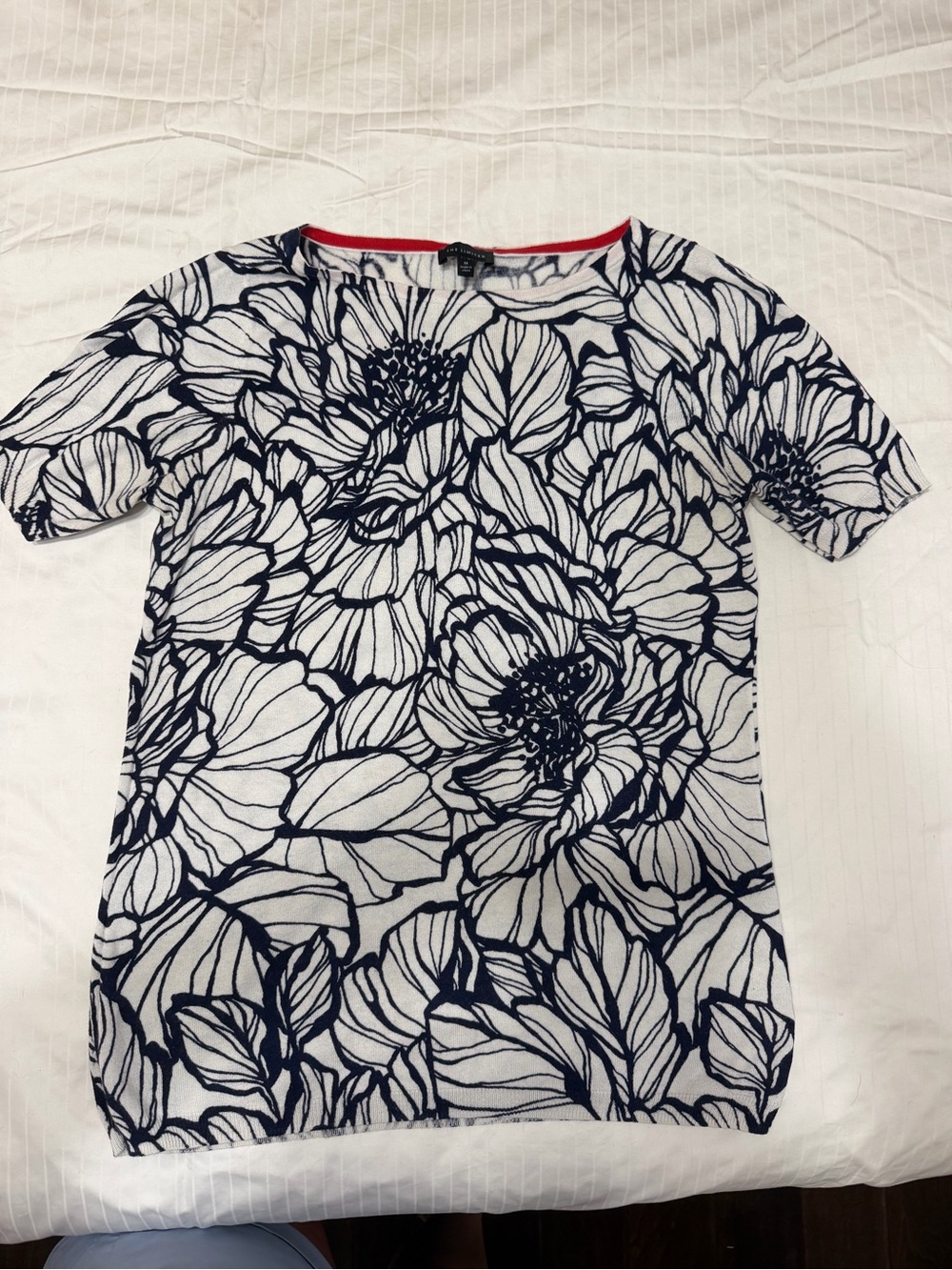 The Limited White Short Sleeve Top with Navy Floral Print and Red Neck Trim